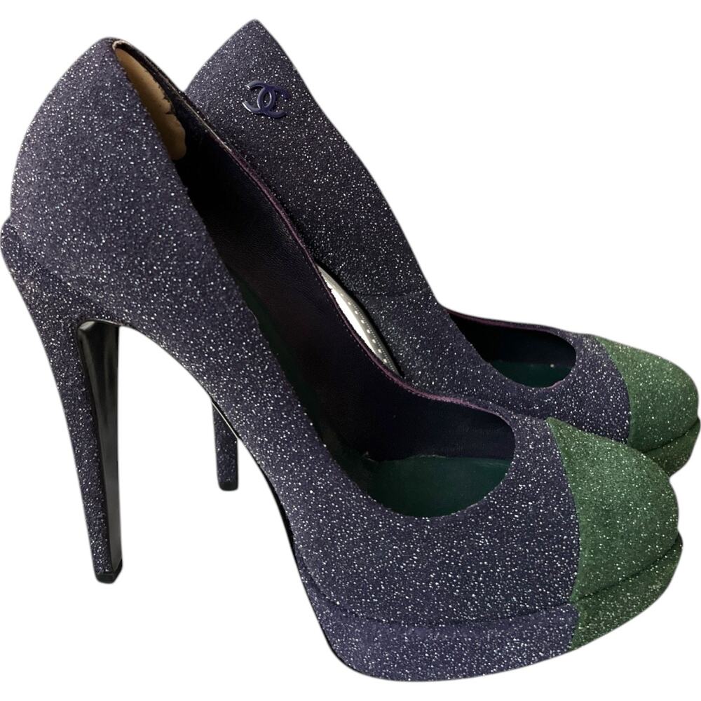 CHANEL Glitter Heels in Blue and Green
